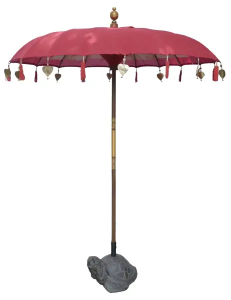 Artikelbild 1 des Artikels “Bali-Schirm, Farbe Rot mit Holzmünzen und Blattgold am Rand. Ca. 190cm Durchmesser und 250cm Höhe “